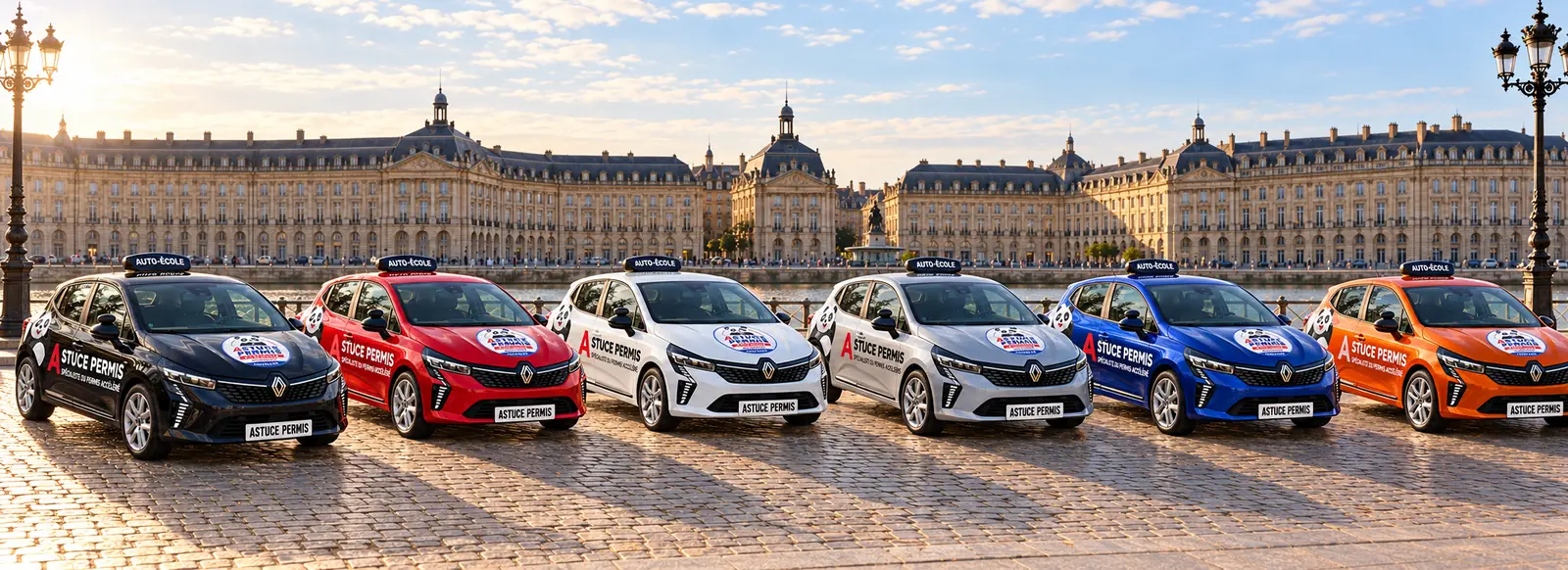 Flotte de six voitures-école Astuce Permis devant la place de la Bourse à Bordeaux