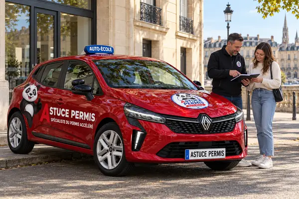 Moniteur Astuce Permis montrant le livret de progression à une élève devant une voiture-école rouge à Bordeaux