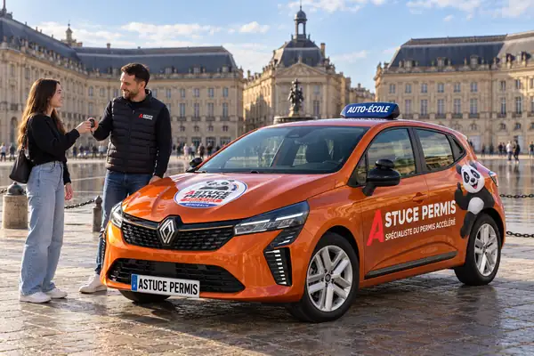 Remise des clés à une élève devant une voiture Astuce Permis place de la Bourse, permis automatique accéléré