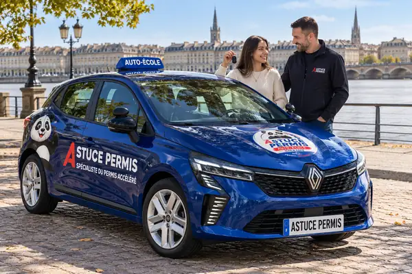 Élève recevant les clés devant une voiture Astuce Permis sur les quais de Bordeaux, permis manuelle accéléré